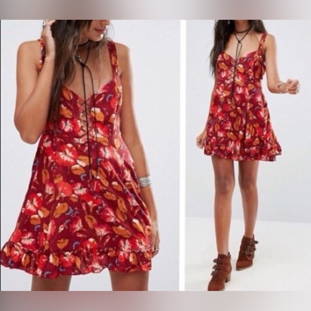 Free People Boho Red Floral Lattice Lovers Slip Mini Dress Red L
